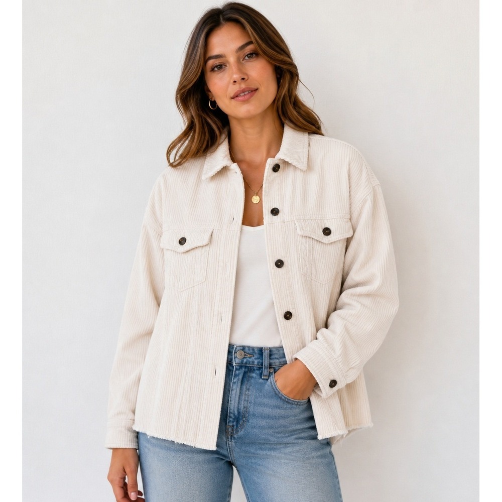 Zara Corduroy Shacket Women XS‎ Cream Oversized Overshirt Raw Hem Jacket